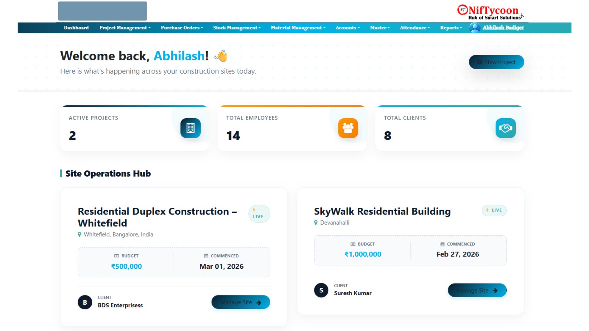 Construction Company Management Software Dashboard